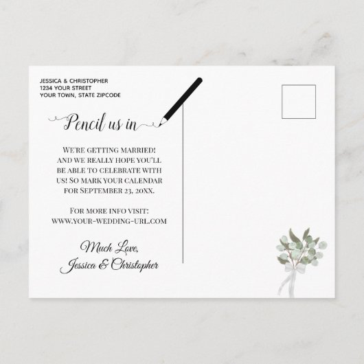 Rustieke Eucalyptus & Groen Bruiloft Save the Date Aankondigingskaart (Achterkant)