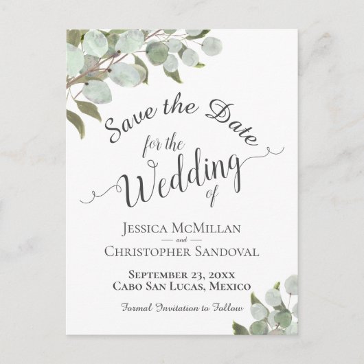 Rustieke Eucalyptus & Groen Bruiloft Save the Date Aankondigingskaart (Voorkant)