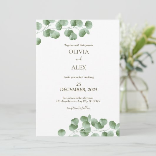 Rustieke eucalyptus groen esthetische bruiloft kaart (Staand voorkant)