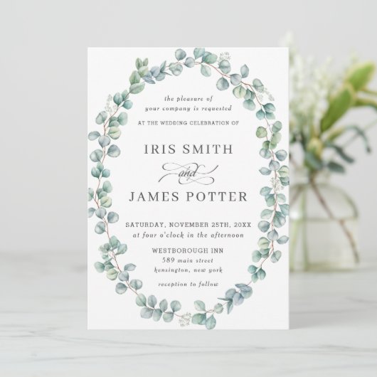 Rustieke eucalyptus groen ovale krans bruiloft kaart (Staand voorkant)