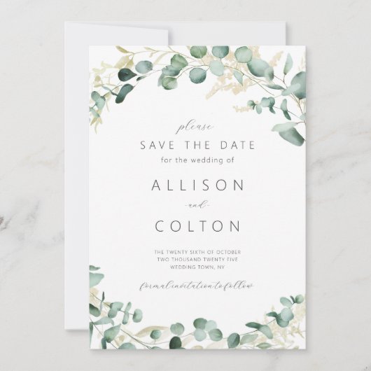 Rustieke eucalyptus groen salie groen boho save the date (Voorkant)