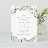Rustieke eucalyptus groen salie groen boho save the date (Staand voorkant)