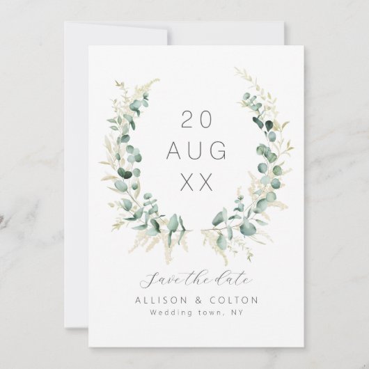 Rustieke eucalyptus groen salie groen boho save the date (Voorkant)