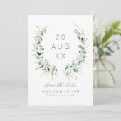 Rustieke eucalyptus groen salie groen boho save the date (Staand voorkant)