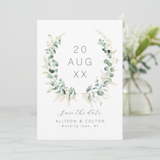 Rustieke eucalyptus groen salie groen boho save the date (Staand voorkant)