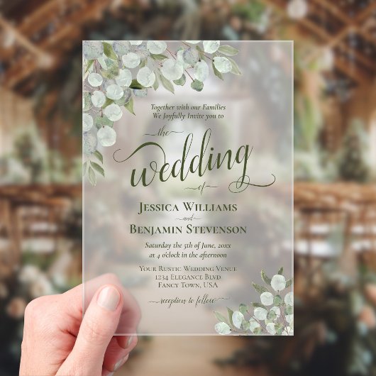 Rustieke Eucalyptus & Groene Boho Chic Bruiloft Acryl Uitnodigingen