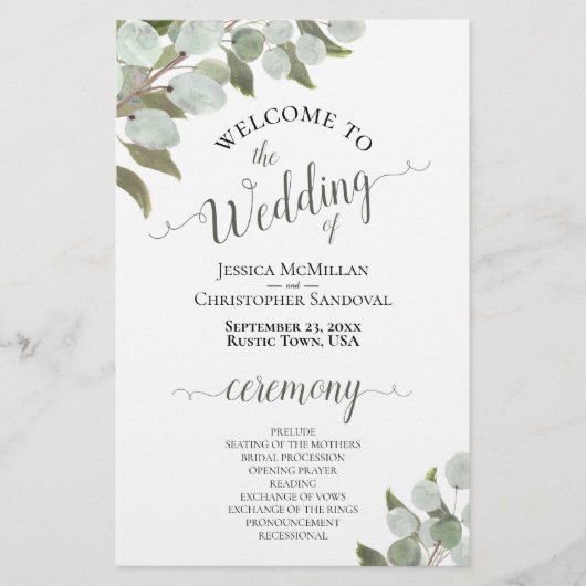 Rustieke Eucalyptus Groene Budget Trouwprogramma (Voorkant)