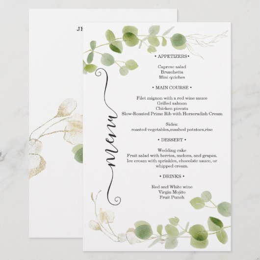 Rustieke Eucalyptus Groene Goud Chic Trouwmenu (Voorkant / Achterkant)