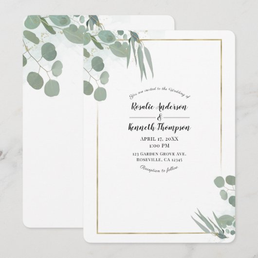 Rustieke Eucalyptus Groene & Gouden Bruiloft Kaart (Voorkant / Achterkant)