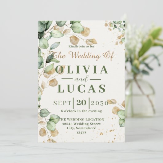 Rustieke eucalyptus groene huwelijksuitnodiging kaart (Staand voorkant)