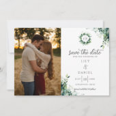 Rustieke Eucalyptus Groene Monogram Foto Bruiloft Save The Date (Voorkant)