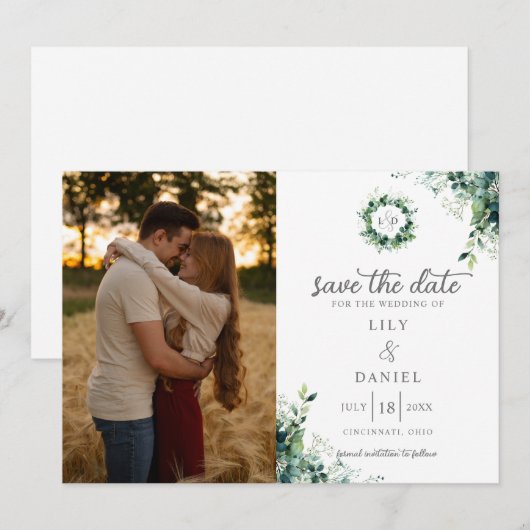 Rustieke Eucalyptus Groene Monogram Foto Bruiloft Save The Date (Voorkant / Achterkant)