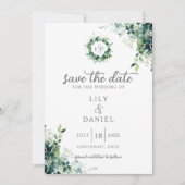 Rustieke Eucalyptus Groene Monogram Foto Bruiloft Save The Date (Voorkant)