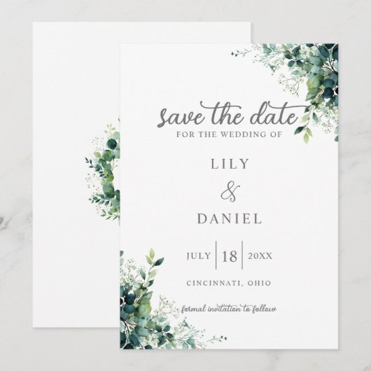 Rustieke Eucalyptus Groene Monogram Huwelijk Save The Date (Voorkant / Achterkant)