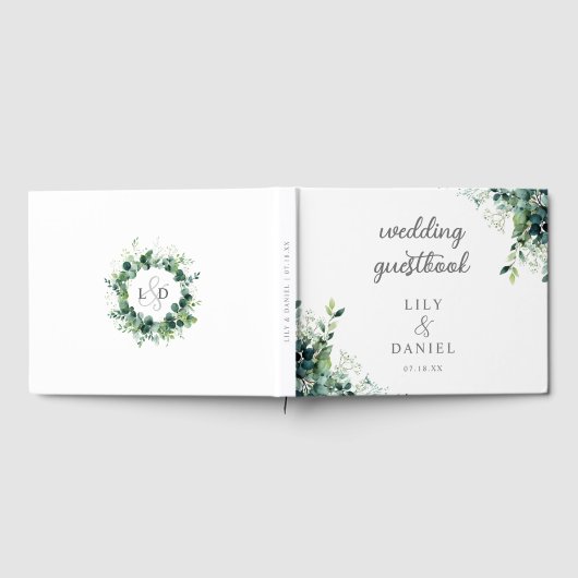Rustieke Eucalyptus Groene Monogram Moderne Trouw Gastenboek (Volledig)