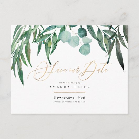 Rustieke Eucalyptus, Groene Save the Date Briefkaart (Voorkant)