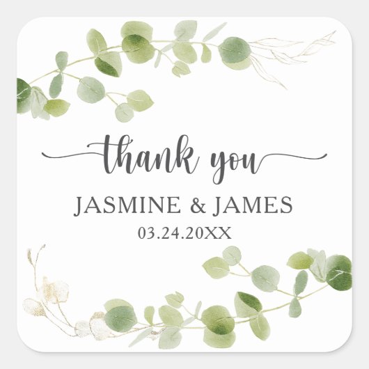 Rustieke Eucalyptus Groene Trouw Dank Je Vierkante Sticker (Voorkant)