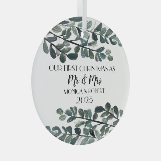 Rustieke Eucalyptus Keepsake Eerste Kerstdag Glas Ornament (Voorkant Rechts)