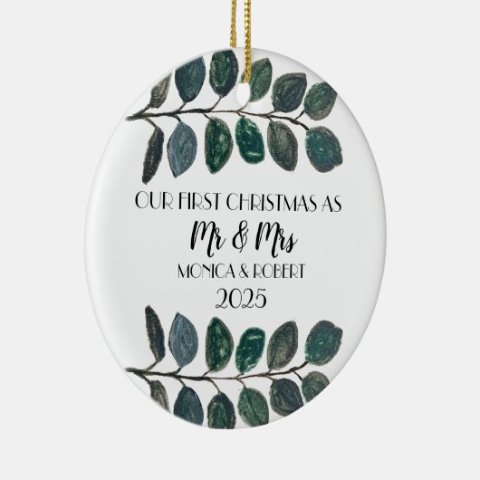 Rustieke Eucalyptus Keepsake Eerste Kerstdag Keramisch Ornament (Rechts)