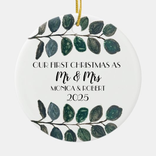 Rustieke Eucalyptus Keepsake Eerste Kerstdag Keramisch Ornament (Voorkant)