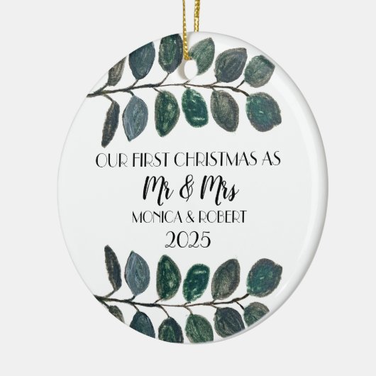 Rustieke Eucalyptus Keepsake Eerste Kerstdag Keramisch Ornament (Links)