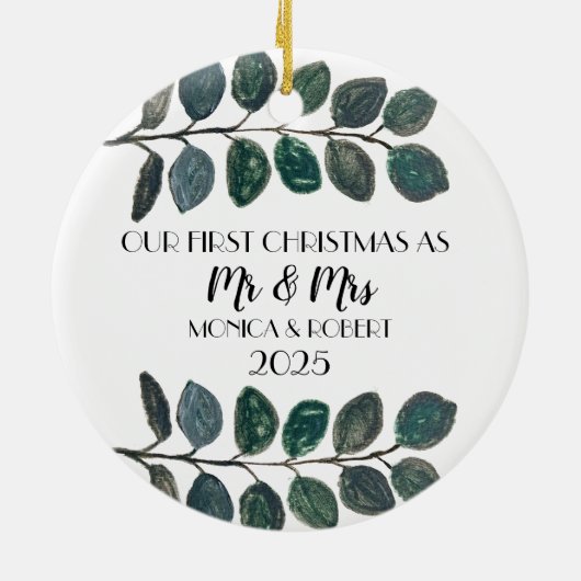 Rustieke Eucalyptus Keepsake Eerste Kerstdag Keramisch Ornament (Achterkant)