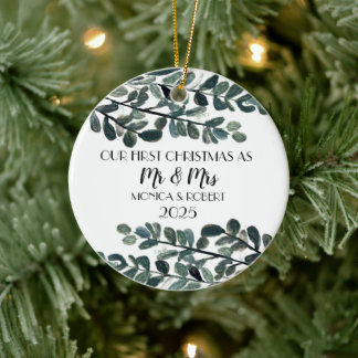 Rustieke Eucalyptus Keepsake Eerste Kerstdag Keramisch Ornament