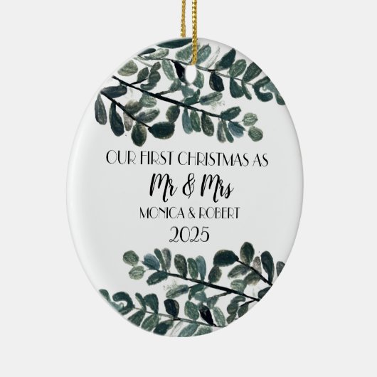 Rustieke Eucalyptus Keepsake Eerste Kerstdag Keramisch Ornament (Rechts)