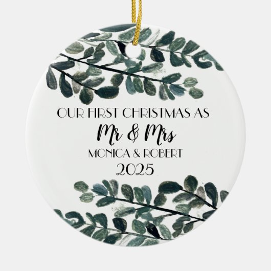 Rustieke Eucalyptus Keepsake Eerste Kerstdag Keramisch Ornament (Voorkant)