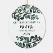 Rustieke Eucalyptus Keepsake Eerste Kerstdag Keramisch Ornament (Links)