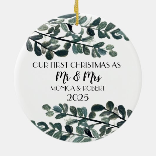 Rustieke Eucalyptus Keepsake Eerste Kerstdag Keramisch Ornament (Achterkant)