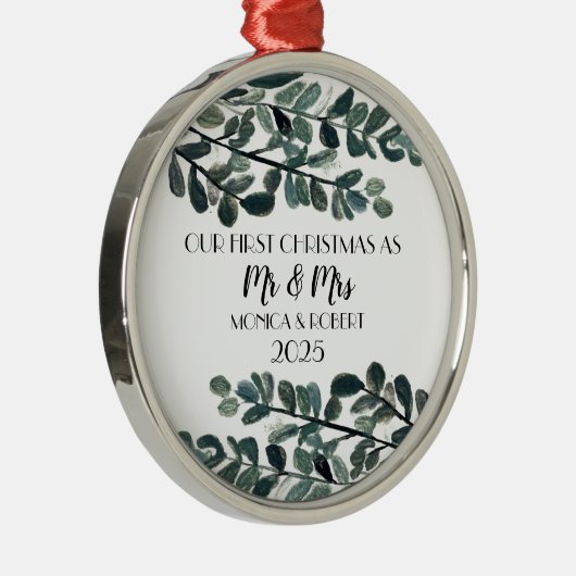 Rustieke Eucalyptus Keepsake Eerste Kerstdag Metalen Ornament (Rechts)