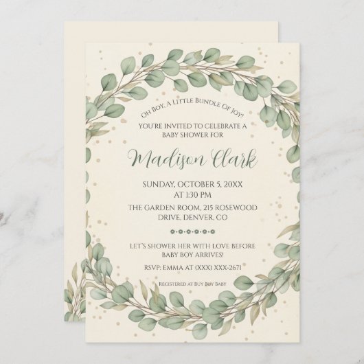 Rustieke Eucalyptus Krans Baby shower Uitnodiging (Voorkant / Achterkant)