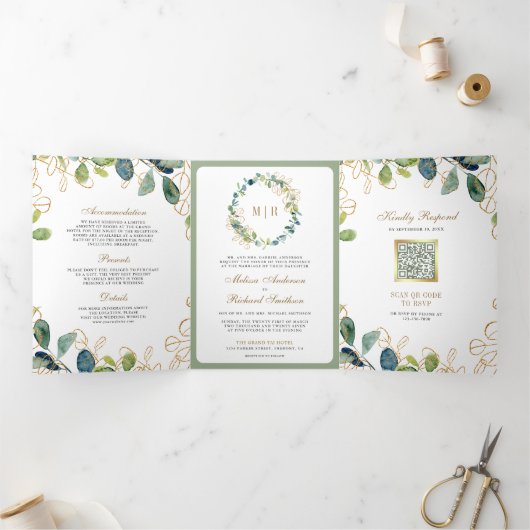 Rustieke Eucalyptus Krans QR Code Huwelijk Drieluik Uitnodiging (Binnen)