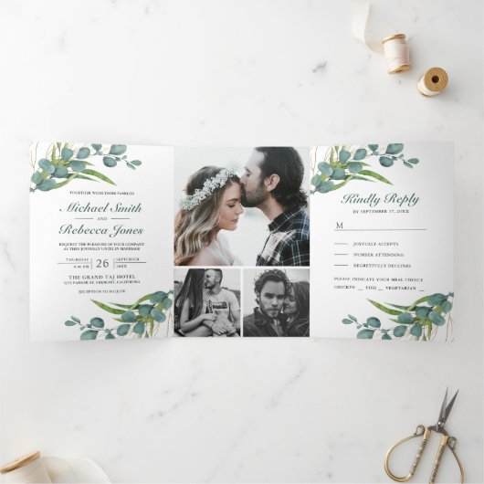 Rustieke Eucalyptus laat foto collage bruiloft Drieluik Uitnodiging (Binnen)