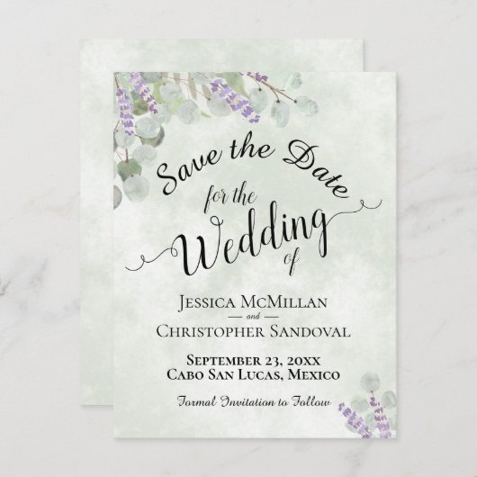 Rustieke Eucalyptus & Lavendel Elegante Salie Brui Save The Date (Voorkant / Achterkant)