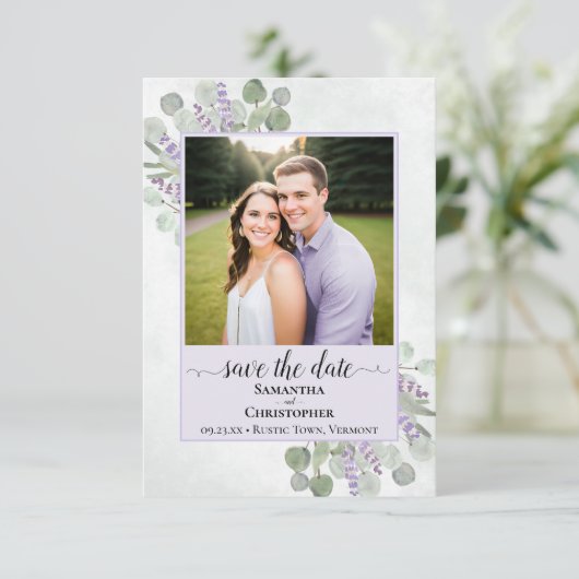 Rustieke Eucalyptus & Lavendel Paarse Trouwfoto Save The Date (Staand voorkant)