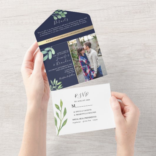 Rustieke Eucalyptus Marine Blauwe Huwelijk All In One Uitnodiging (Afscheurbaar)