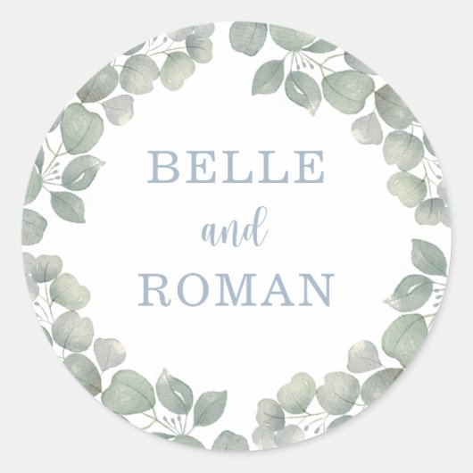 Rustieke eucalyptus Monogram bruiloft Ronde Sticker (Voorkant)