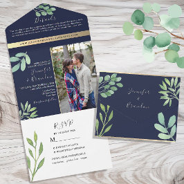 Rustieke Eucalyptus Navy Blauwe Trouwdag All In One Uitnodiging