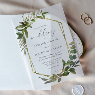 Rustieke Eucalyptus Olijf Gouden Trouwframe Vellum Uitnodigingen