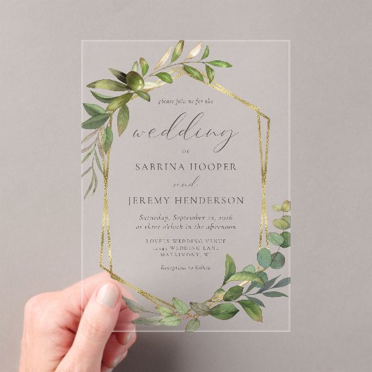 Rustieke Eucalyptus Olijfgouden Lijst bruiloft Acryl Uitnodigingen (Insitu (Draagbaar))