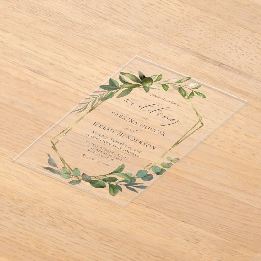 Rustieke Eucalyptus Olijfgouden Lijst bruiloft Acryl Uitnodigingen (Laagn)