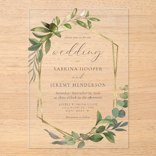 Rustieke Eucalyptus Olijfgouden Lijst bruiloft Acryl Uitnodigingen (Voorkant)