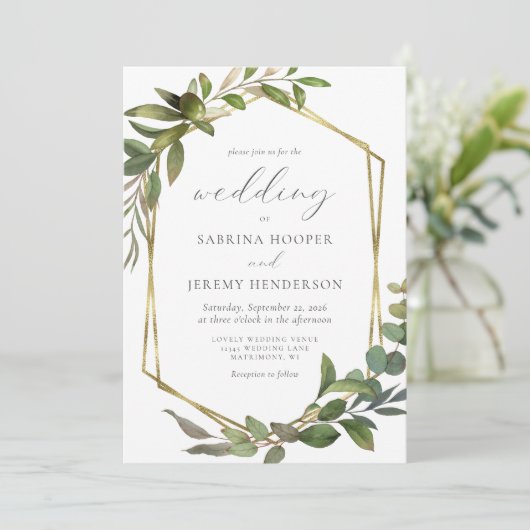Rustieke Eucalyptus Olijfgouden Lijst bruiloft Kaart (Staand voorkant)