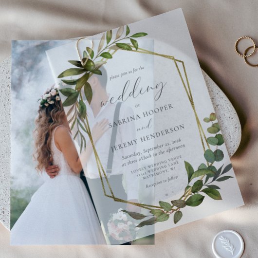 Rustieke Eucalyptus Olijfgouden Lijst bruiloft Vellum Uitnodigingen