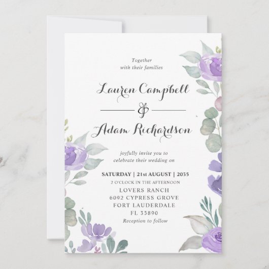 Rustieke Eucalyptus Paarse Bloemen bruiloft uitnod Kaart (Voorkant)