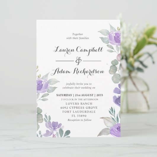 Rustieke Eucalyptus Paarse Bloemen bruiloft uitnod Kaart (Staand voorkant)