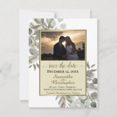 Rustieke Eucalyptus & Pijnboom met Foto Gouden Bru Save The Date (Voorkant)