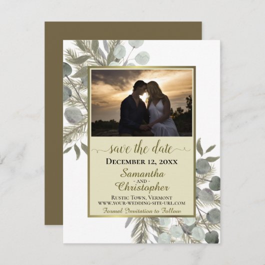 Rustieke Eucalyptus & Pijnboom met Foto Gouden Bru Save The Date (Voorkant / Achterkant)